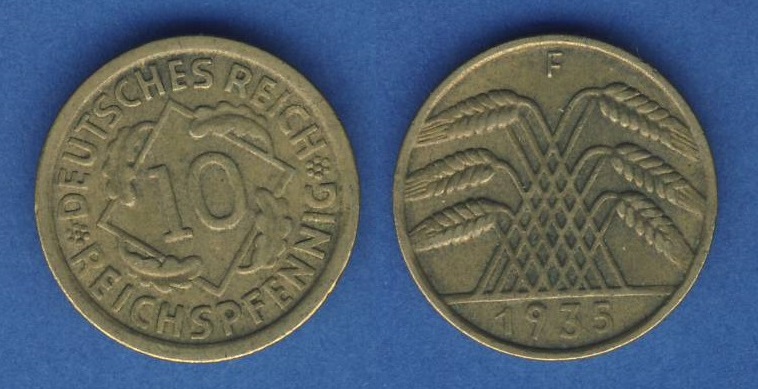  Weimarer Republik 10 Reichspfennig 1935 F   