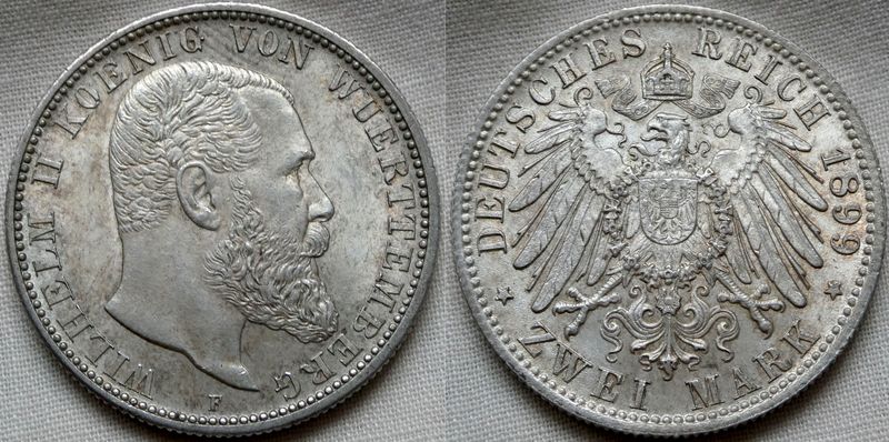  Wilhelm II. von Württemberg 2 Mark 1899 in vz-st !!! Schöne Patina !!!   