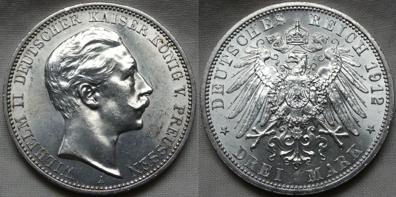  Preussen 3 Mark 1912 Wilhelm II. - Top-Erhaltung vz-st !!   