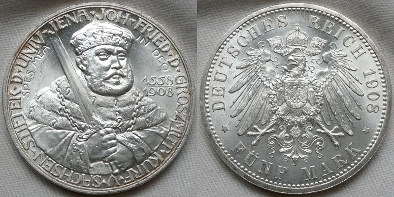  Sachsen-Weimar-Eisenach 5 Mark 1908 Uni Jena in f.ST !!! TOP-Stück !!!   