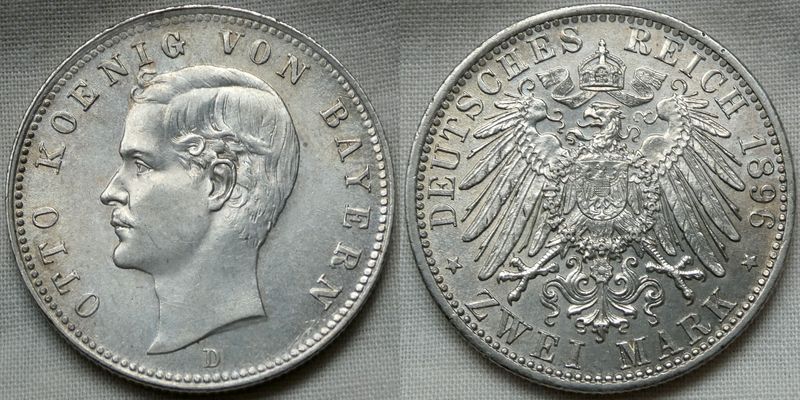  2 Mark Bayern 1896 !! König Otto in VZ-ST * Früher Jahrgang !!!   