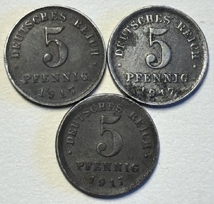  ( B1 ) Deutsches Kaiserreich - 3x 5 Pfennig 1917 -A/D/J- , verz.Fe , Erh. siehe Bilder   