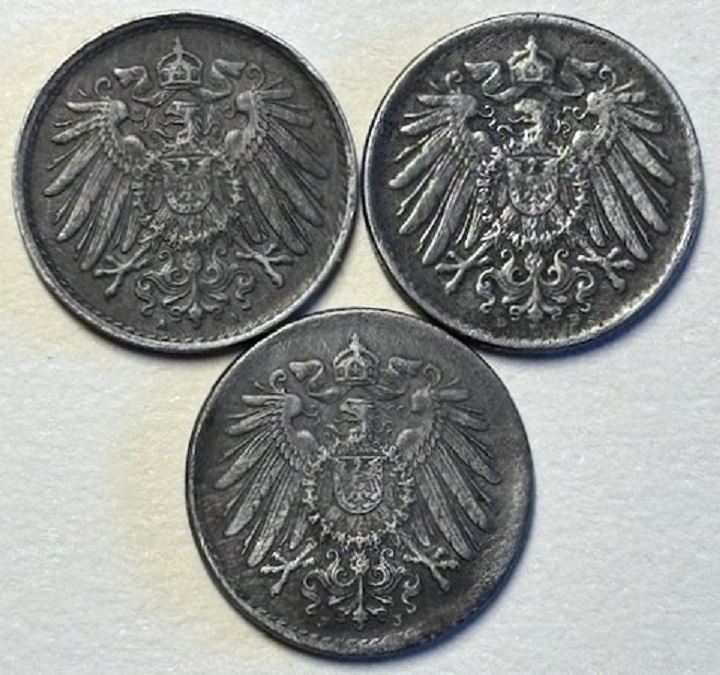  ( B1 ) Deutsches Kaiserreich - 3x 5 Pfennig 1917 -A/D/J- , verz.Fe , Erh. siehe Bilder   