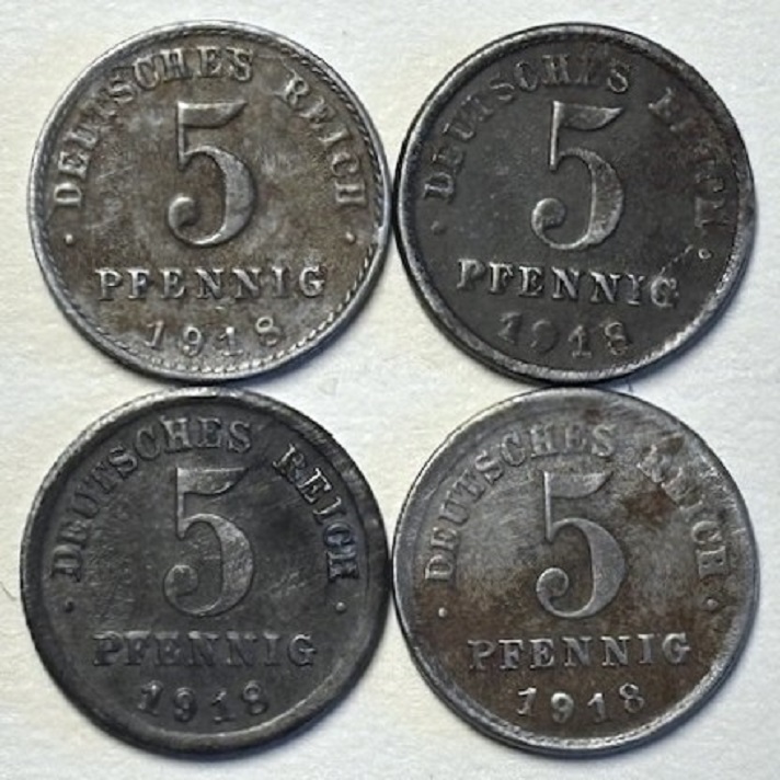  ( B2 ) Deutsches Kaiserreich - 4x 5 Pfennig 1918 -A/F/G/J- , verz.Fe , Erh. siehe Bilder   