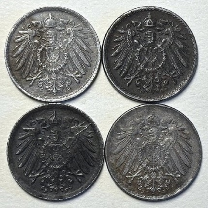  ( B2 ) Deutsches Kaiserreich - 4x 5 Pfennig 1918 -A/F/G/J- , verz.Fe , Erh. siehe Bilder   