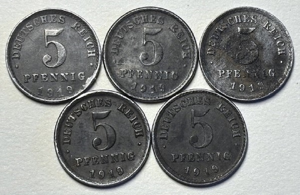  ( B3 ) Deutsches Kaiserreich - 5x 5 Pfennig 1919 -A/D/E/F/J- , verz.Fe , Erh. siehe Bilder   