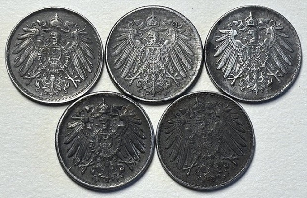  ( B3 ) Deutsches Kaiserreich - 5x 5 Pfennig 1919 -A/D/E/F/J- , verz.Fe , Erh. siehe Bilder   