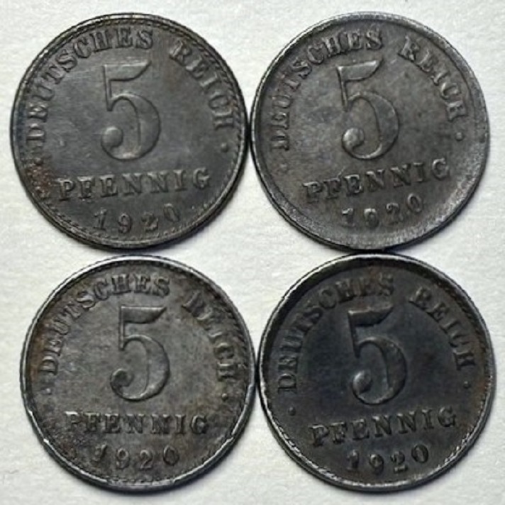  ( B4 ) Deutsches Kaiserreich - 4x 5 Pfennig 1920 -A/D/E/F- , verz.Fe , Erh. siehe Bilder   