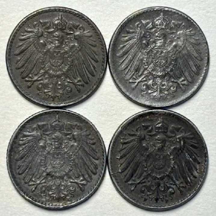  ( B4 ) Deutsches Kaiserreich - 4x 5 Pfennig 1920 -A/D/E/F- , verz.Fe , Erh. siehe Bilder   