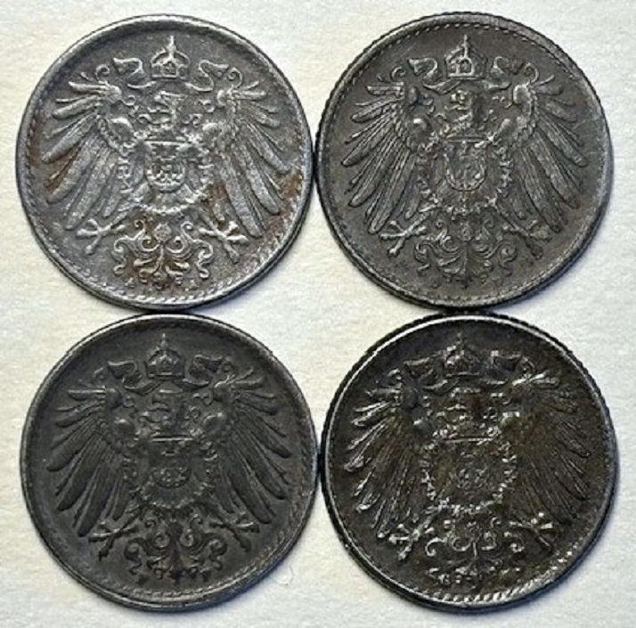  ( B5 ) Deutsches Kaiserreich - 4x 5 Pfennig 1921 -A/D/F/G- , verz.Fe , Erh. siehe Bilder   