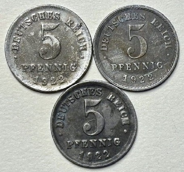  ( B6 ) Deutsches Kaiserreich - 3x 5 Pfennig 1922 -D/E/G- , verz.Fe , Erh. siehe Bilder   