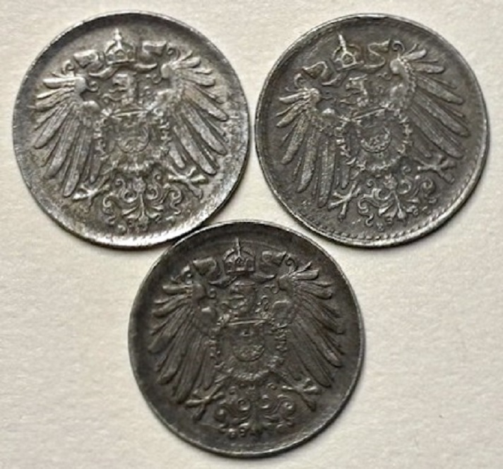  ( B6 ) Deutsches Kaiserreich - 3x 5 Pfennig 1922 -D/E/G- , verz.Fe , Erh. siehe Bilder   