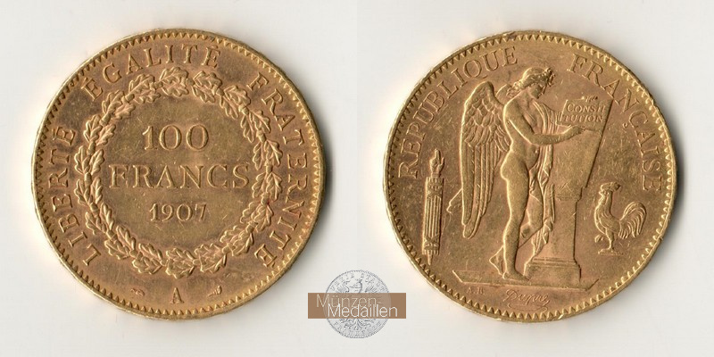 Frankreich MM-Frankfurt Feingold: 29,03g 100 Francs 1907 A 