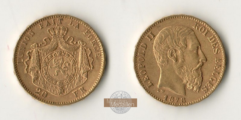 Belgien  20 Francs MM-Frankfurt Feingold: 5,81g Leopold II 1878 