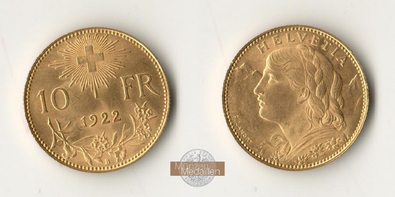 Schweiz  10 sFR MM-Frankfurt Feingold: 2,90g 1/2 Vreneli 1922 B 