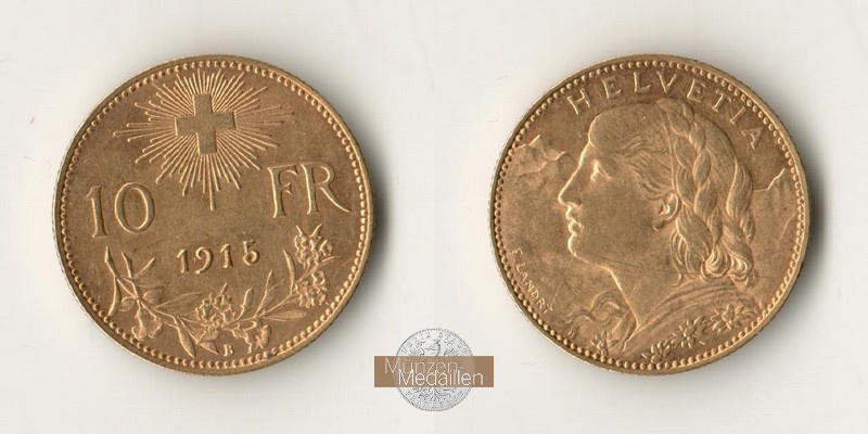 Schweiz  10 sFR MM-Frankfurt Feingold: 2,90g 1/2 Vreneli 1915 B 