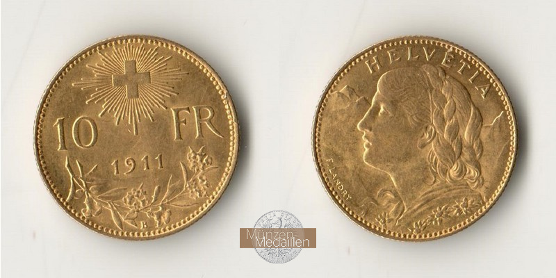 Schweiz  10 sFR MM-Frankfurt Feingold: 2,90g 1/2 Vreneli 1911 B 