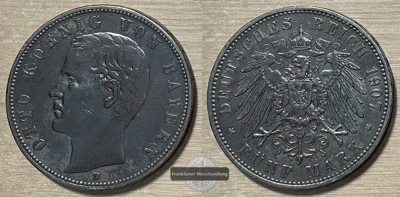  Deutsches Kaiserreich, Bayern.  5 Mark 1907 D   FM-Frankfurt  Feinsilber: 25g   