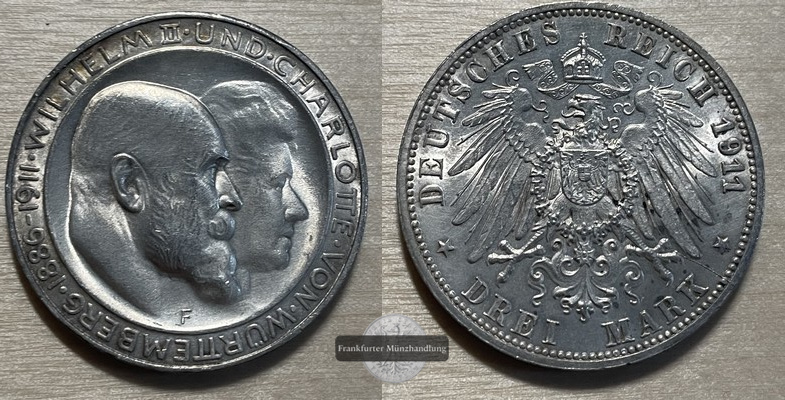  Dt. Kaiserreich. Wilhelm II & Charlotte 3 Mark 1911 F Hochzeit FM-Frankfurt KM#636 Feinsilber: 15g   