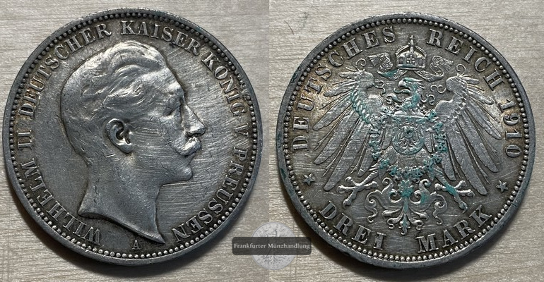  Deutsches Kaiserreich 3 Mark 1910 A Wilhelm II FM-Frankfurt KM#527 Feinsilber: 15g   