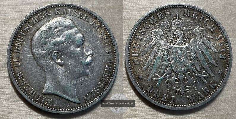  Deutsches Kaiserreich 3 Mark 1912 A Wilhelm II FM-Frankfurt KM#527 Feinsilber: 15g   