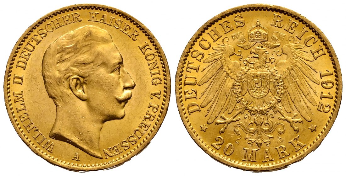 PEUS 2320 Kaiserreich - Preußen 7,16 g Feingold. Wilhelm II. (1888 - 1918) 20 Mark GOLD 1912 A Kl. Kratzer, fast Vorzüglich