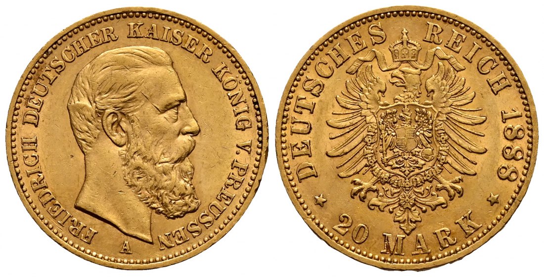 PEUS 2321 Kaiserreich - Preußen 7,16 g Feingold. Friedrich III. (09.03.- 15.06.1888) 20 Mark GOLD 1888 A Sehr schön / Vorzüglich