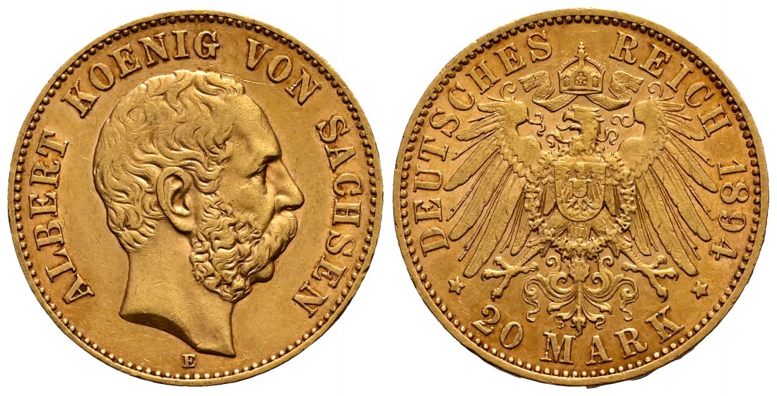 PEUS 2324 Kaiserreich - Sachsen 7,16 g Feingold. Albert (1873 - 1902) 20 Mark GOLD 1894 E Dresden Kl. Kratzer, Sehr schön +