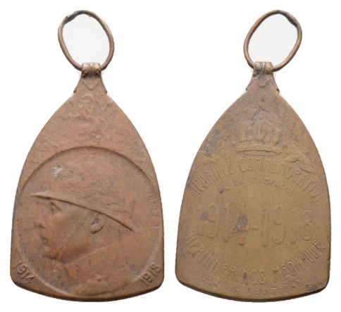  Medaille, Belgien; Commemorative de la campagne 1914/18 ; bronze, tragbar; 20,30 g; H 48,34; B 31,21   