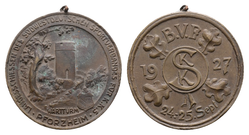  Medaille, Sportverband Pforzheim 1927; bronze; tragbar; 14,59 g; Ø 33,07   