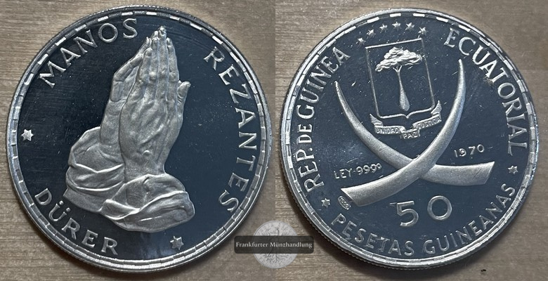  Äquatorialguinea  50 Pesetas  1970  FM-Frankfurt/M  Feingewicht: 9,99g  Silber  PP KM#7   