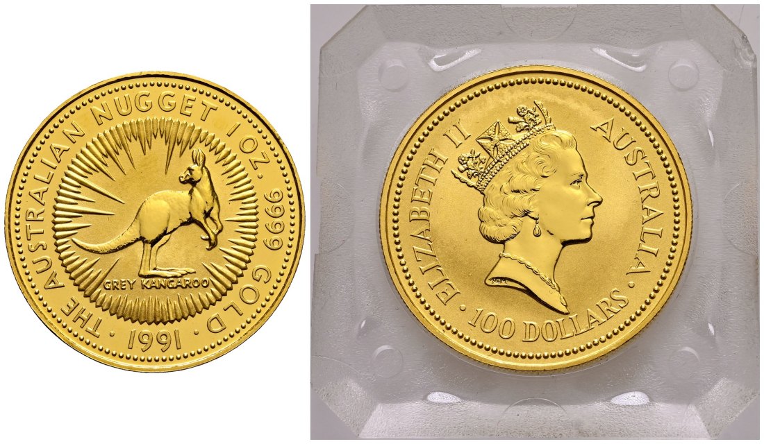 PEUS 2331 Australien 31,1 g Feingold. Graues Känguru 100 Dollars GOLD Unze 1991 Uncirculated (Kapsel)