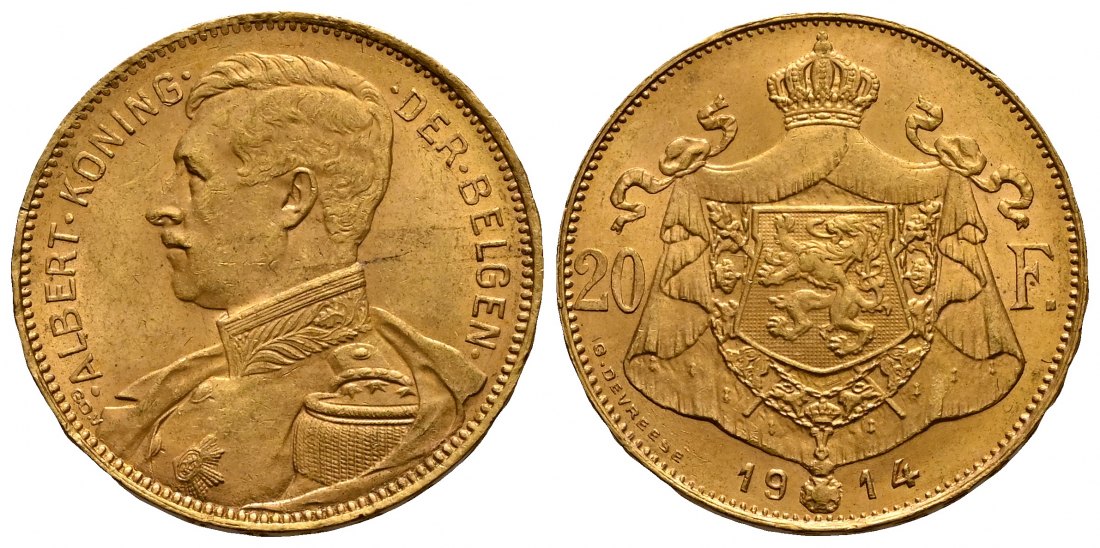 PEUS 2332 Belgien 5,81 g Feingold. Albert (1909 - 1934) 20 Francs GOLD 1914 Kl. Kratzer, Vorzüglich