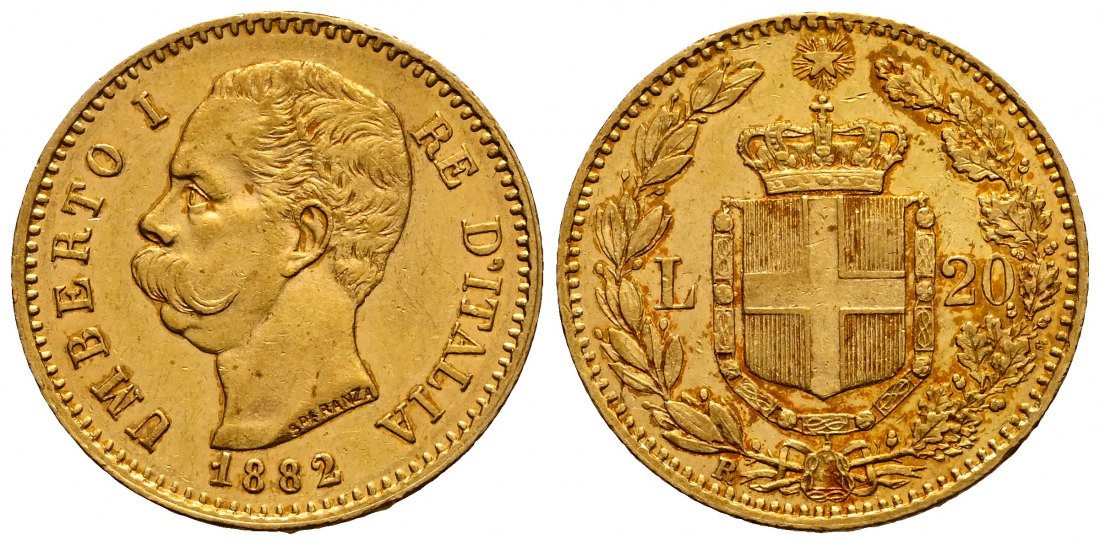 PEUS 2335 Italien 5,81 g Feingold. Umberto I. (1878 - 1900) 20 Lire GOLD 1882 R Rom Kl. Kratzer, fast Vorzüglich