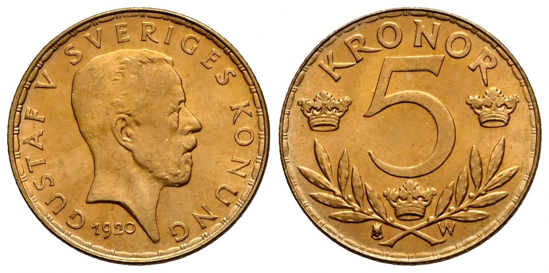 PEUS 2337 Schweden 2,02 g Feingold. Gustaf V. (1907 - 1950) 5 Kronor GOLD 1920 W Kl. Kratzer, Vorzüglich