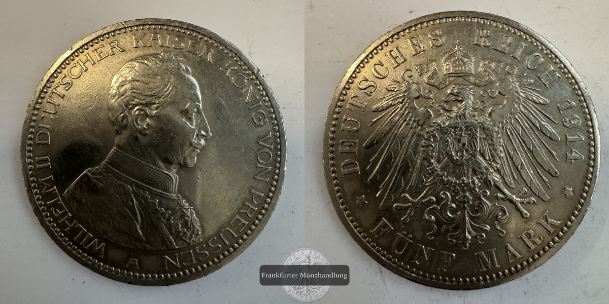  Deutschland Königreich Preußen 5 Mark 1914 A Wilhelm II Uniform FM-Frankfurt KM#536 Feinsilber: 25g   