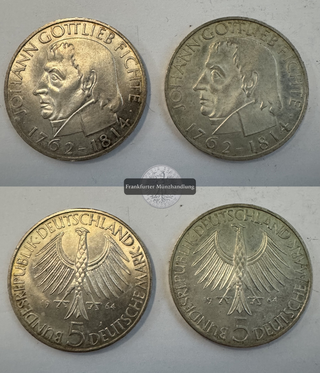  Deutschland 2x 5 Mark 1964 J Johann Gottlieb Fichte FM-Frankfurt KM#118 Feinsilber: 14g   