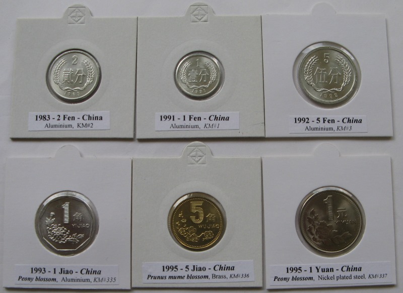  1983-1995, China, a set 6 pcs coins from 1 Fen to 1 Yuan   