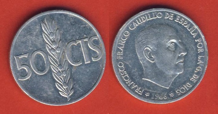  Spanien 50 Centimos 1966 (* 71)   