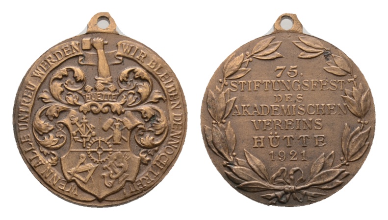  Medaille 1921; 75. Stiftungsfest des Akademischen Vereins Hütte; Bronze, tragbar,  9,58 g, Ø 27 mm   