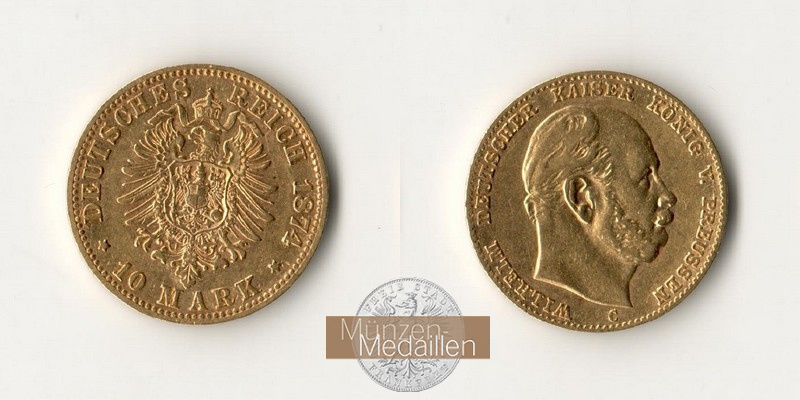 Deutsches Kaiserreich, Preussen. MM-Frankfurt Feingewicht: 3,58g Gold Wilhelm I. 1861-1888. 10 Mark 1874 C 