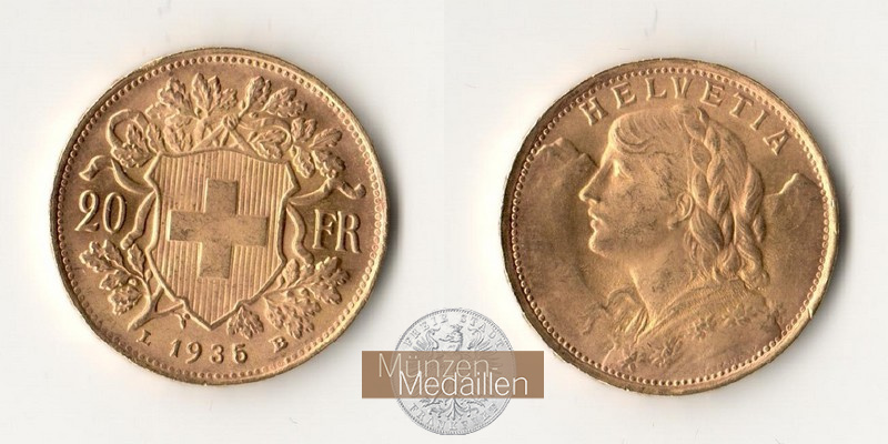 Schweiz MM-Frankfurt Feingold: 5,81g 20sFR (Vreneli) 1935 B 