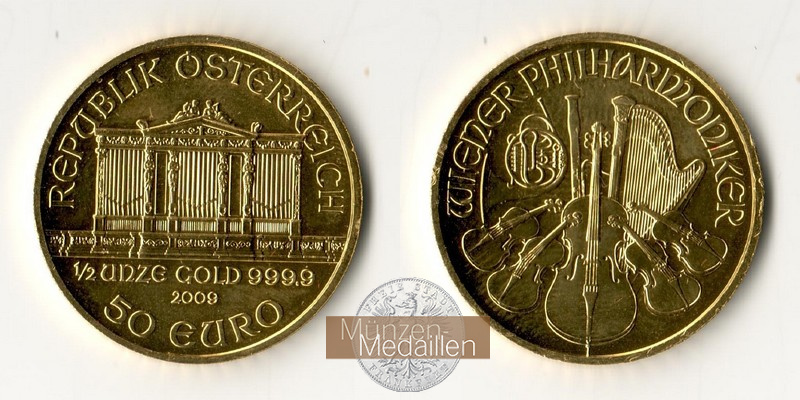 Österreich,   50 Euro MM-Frankfurt  Feingold: 15,5g Wiener Philharmoniker 2009 