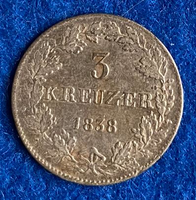  Großherzogtum Hessen, Ludwig II., 1838, 3 Kreuzer, AKS 112, *7   