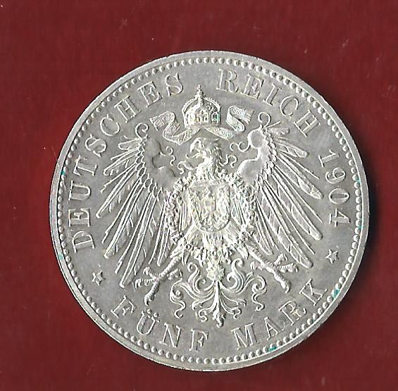  Kaiserreich Hessen 5 Mark 1904 vz-st Koblenzer Münzen Studio Koblenz Frank Maurer AH45   