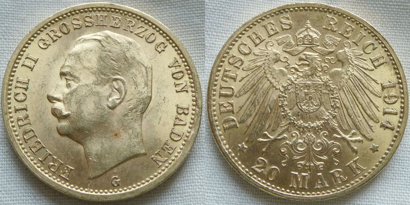  Baden 20 Mark 1914 in VZST !!! GOLD !!! Gute Erhaltung !!!   