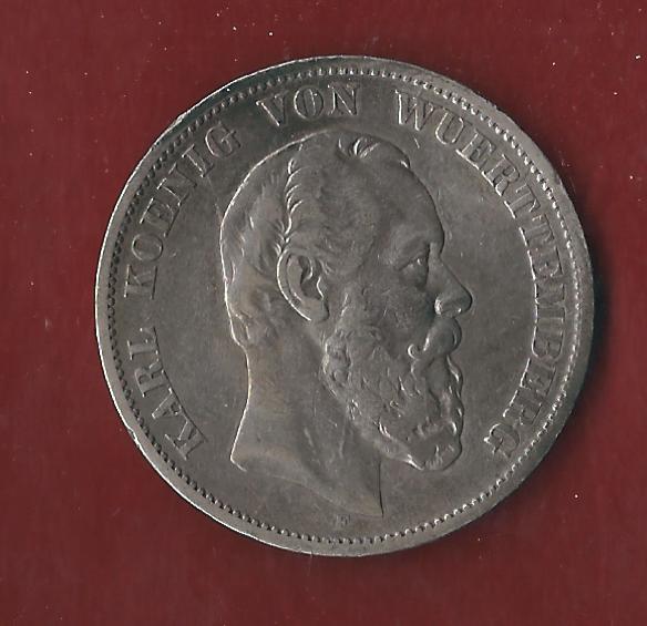  5 Mark Wuerttemberg Karl 1876 F Koblenzer Münzen Studio Koblenz Frank Maurer AH62   