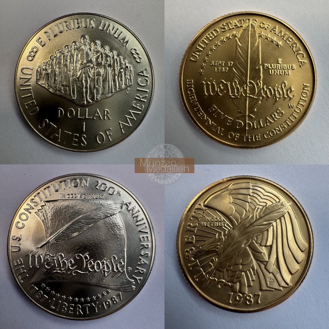  US Constitution Münzen Gold 5 Dollar u. Silber Dollar 1987 MM-Frankfurt KM#221 Feingold: 7,524g BU   