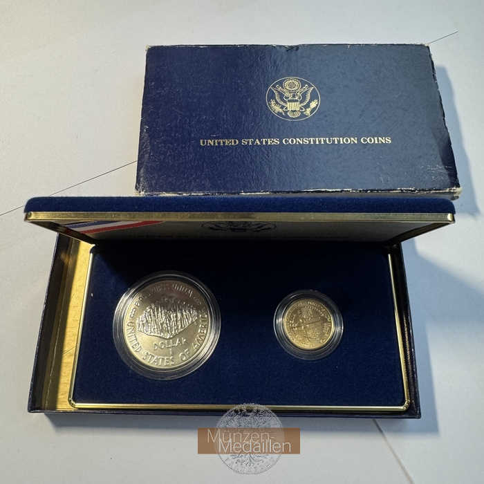  US Constitution Münzen Gold 5 Dollar u. Silber Dollar 1987 MM-Frankfurt KM#221 Feingold: 7,524g BU   