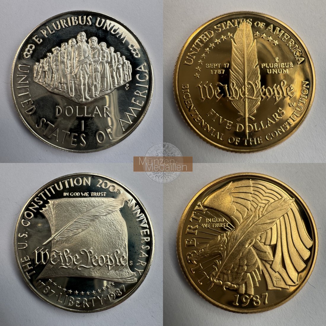  US Constitution Münzen Gold 5 Dollar u. Silber Dollar 1987 MM-Frankfurt KM#221 Feingold: 7,524g P   